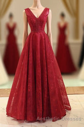 Burgundy V Neck Lace Long Evening Prom Gown Burgundy Evening Prom Dresses